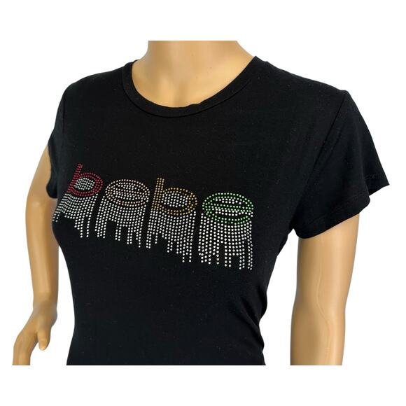 2/$15 Vintage Y2K Bebe Crystal Logo Rainbow Rhinestone Top Black Spellout Size M - Picture 6 of 11